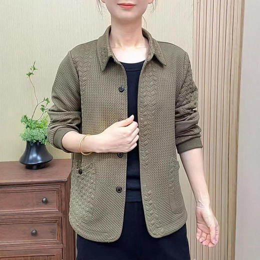 纯色翻领短外套休闲妈妈装E秋季新款立体提花宽松遮肚子长袖开衫 商品图0