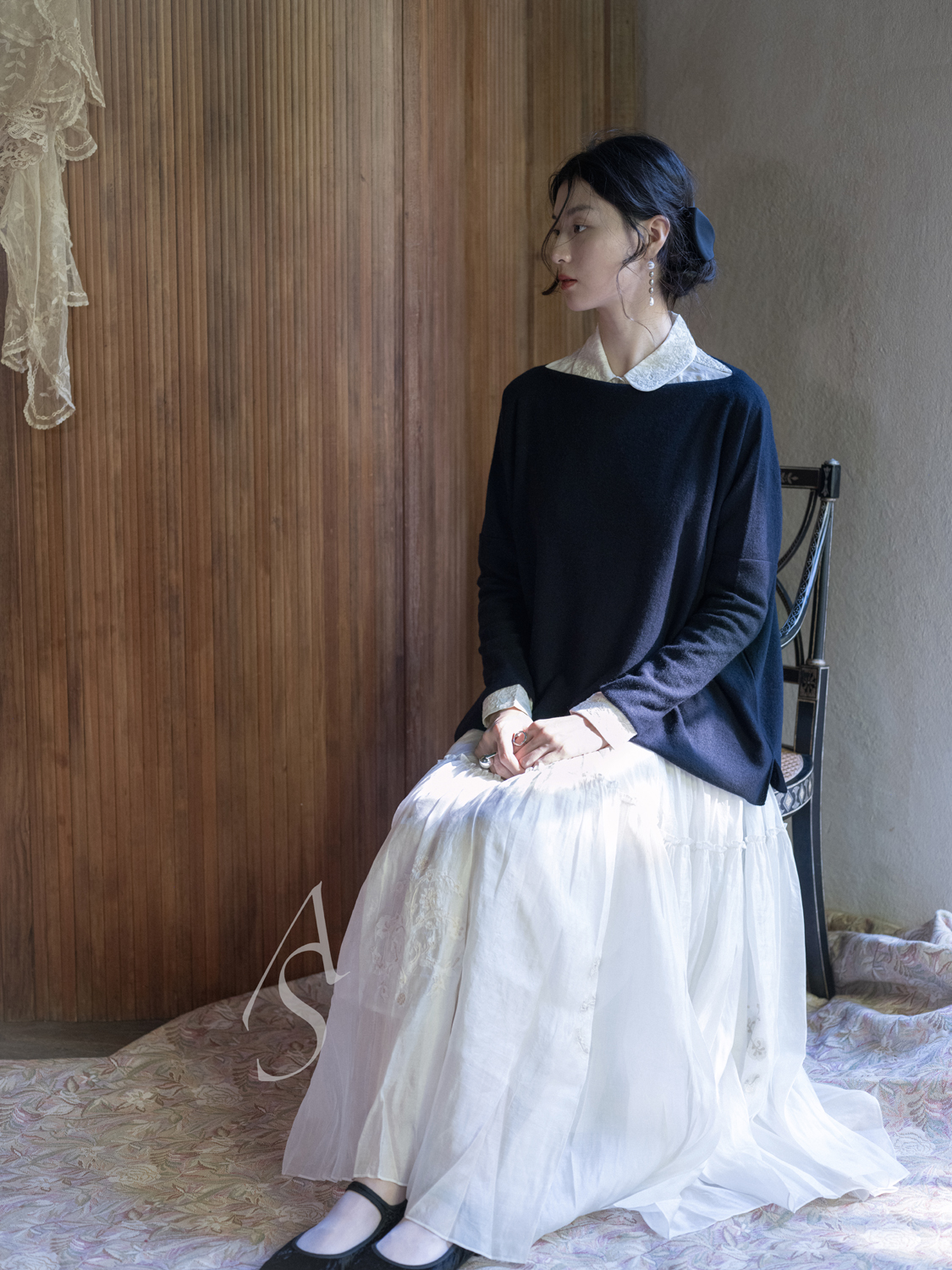 Maku 25AW 白蕾丝手织真丝刺绣古典半裙