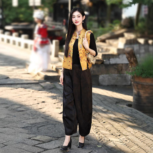 MYJ 知性优雅三件套旗袍休闲时尚民族风印花马甲内搭 商品图3