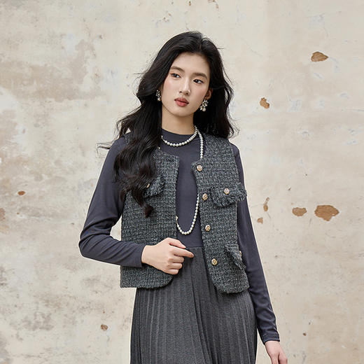奢姿大码女装2025秋季时尚小香风粗花呢马甲胖妹妹气质减龄上衣9954394284A 商品图1