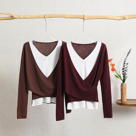 「自」全新升级【铂金会员349/天猫469/差价120】(00658)洛诗琳新款假两件针织羊毛衫2025秋冬拼接撞色交叉V领上衣女 商品图3