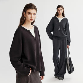 棉仓366605029-羊毛撞色亨利领假两件针织衫