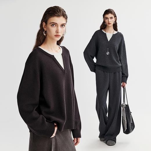 棉仓366605029-羊毛撞色亨利领假两件针织衫 商品图0