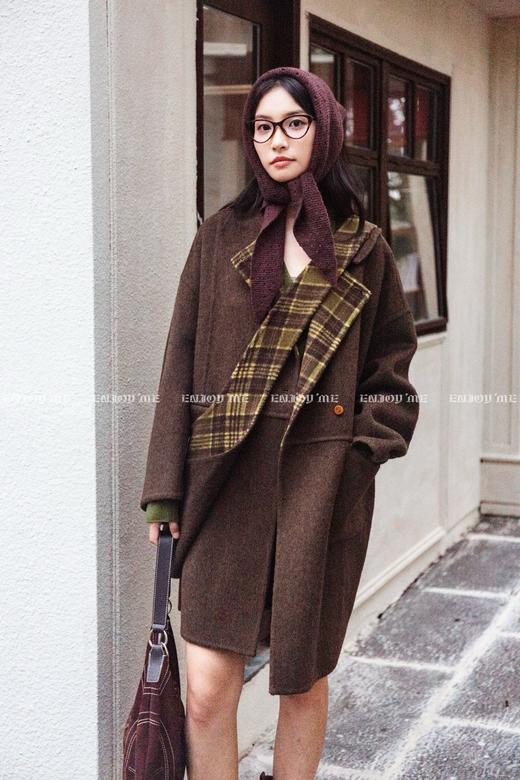 【门店同款】ENJOY冬季“暖冬知性”格子披肩中长款大衣 166550192 商品图1