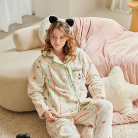 芬腾女士睡衣秋冬季珊瑚绒条纹长袖套装防静电可爱卡通大码家居服