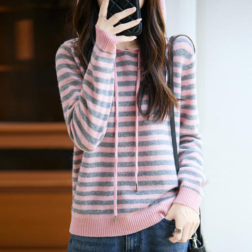 百媚生 100%纯羊毛宽松连帽条纹打底针织衫毛衣M2-456 商品图2