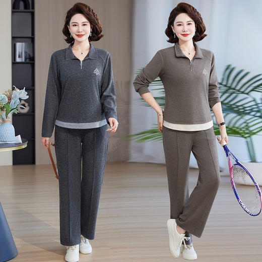 妈妈时尚薄长袖衣中年女装秋装新动服中老年春秋休闲套装两件套 商品图1