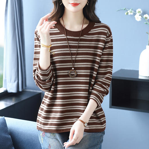 CC 37-3123条纹拼色圆领打底衫洋气减龄休闲宽松针织衫 商品图2