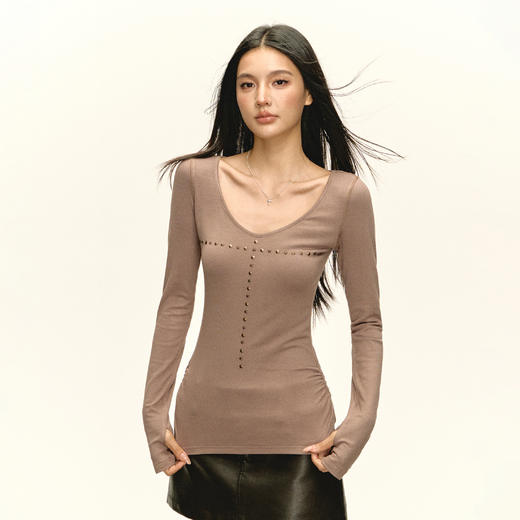 Ariseism美式复古设计感长袖T恤女秋季新款修身打底上衣 商品图0