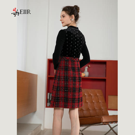 司歌丝绒拼粗花呢格子假两件连衣裙秋冬复古优雅A901197X 商品图2