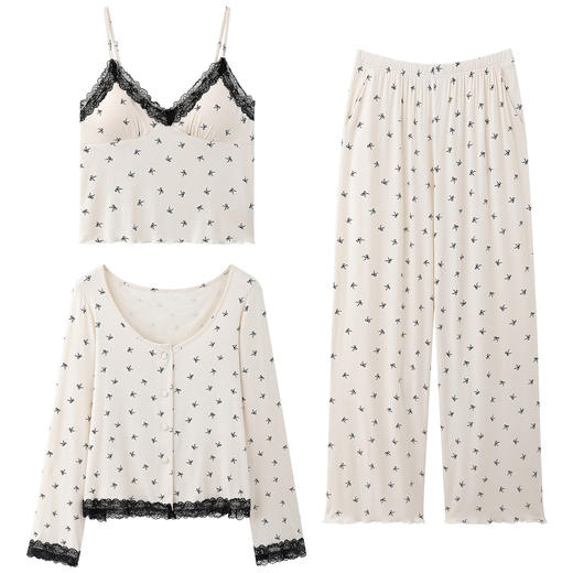 雀说 春秋季吊带三件套睡衣女带胸垫纯棉性感甜美家居服 商品图4