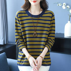 CC 37-3123条纹拼色圆领打底衫洋气减龄休闲宽松针织衫