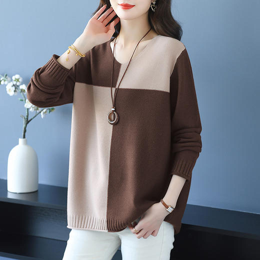 CC 37-3130拼色V领长袖针织衫气质宽松大码 商品图2