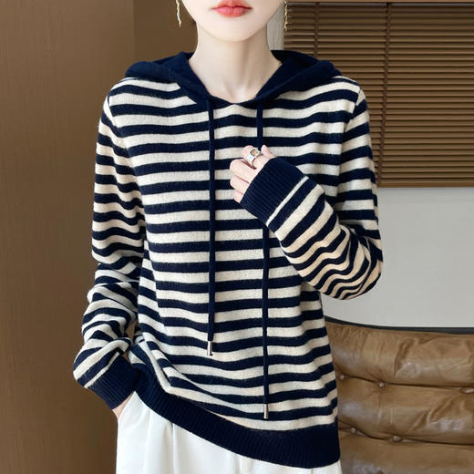 百媚生 100%纯羊毛宽松连帽条纹打底针织衫毛衣M2-456 商品图1