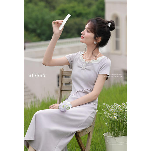 鹿向南「春晓雨蝶」紫色假两件短袖连衣裙女夏法式气质设计感长裙 商品图4