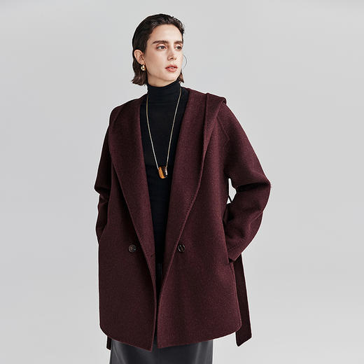 棉仓367666006-连帽大V领休闲感毛呢外套 商品图1