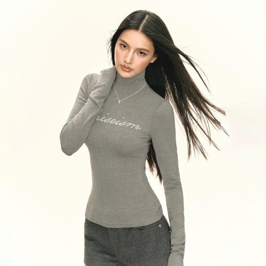 Ariseism 美式复古小高领烫钻长袖T恤女秋季新款修身打底上衣 商品图1
