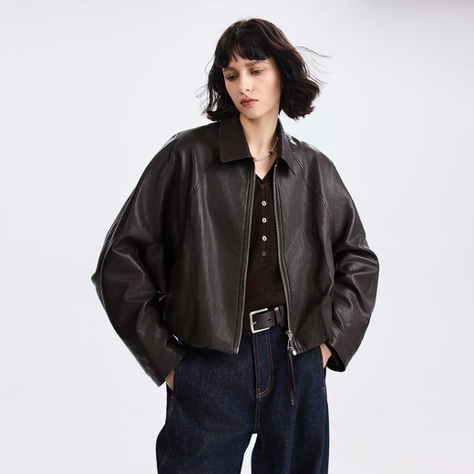 棉仓366607032-翻领花苞皮夹克短外套 商品图0