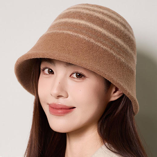 雀说 羊毛条纹水桶帽子女秋冬显脸小优雅百搭盆帽M3796 商品图1