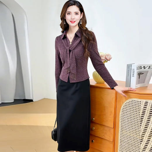 QYM 53B2518-Y衬衫领连衣裙假两件包臀裙时尚气质拼色连衣裙 商品图0