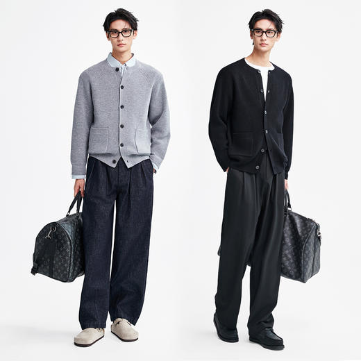 棉仓367826056-高智老钱风羊毛针织开衫外套  美丽诺微廓圆领纽扣毛衣秋季 商品图3