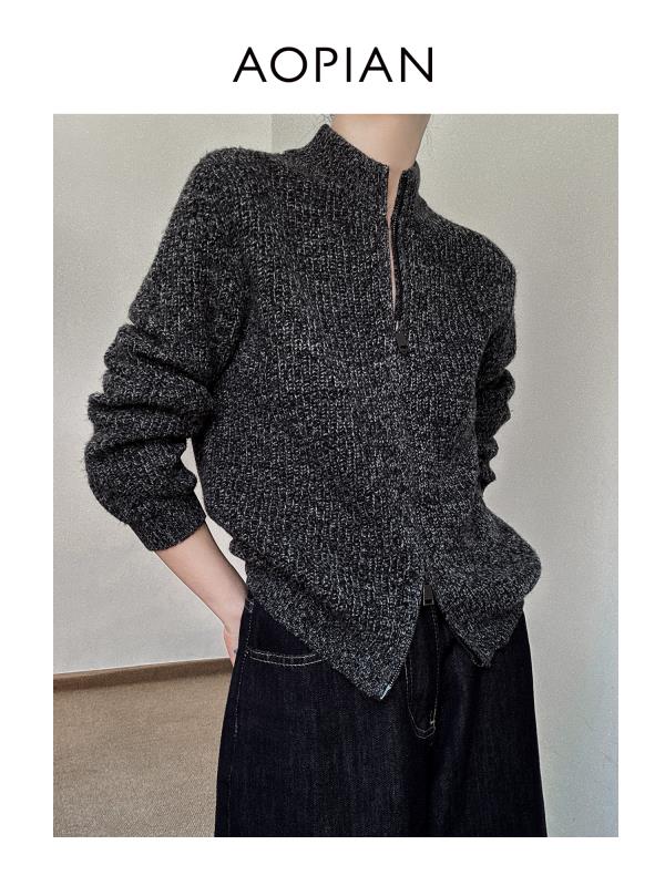 奥篇“旧时光”AB纱杂色立领拉链针织开衫 复古摩登