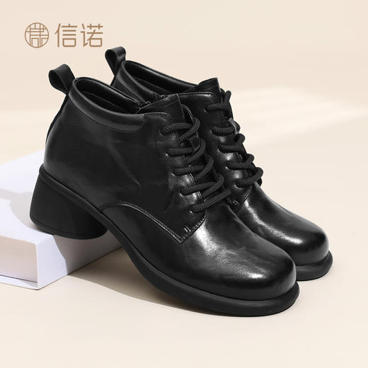 信诺妈妈短靴复古粗跟马丁靴女软底真皮加绒保暖棉鞋2025冬季新款5M255-3D 商品图2