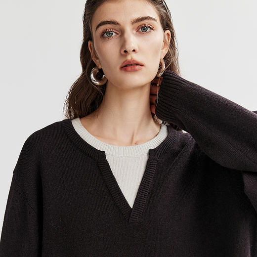 棉仓366605029-羊毛撞色亨利领假两件针织衫 商品图3