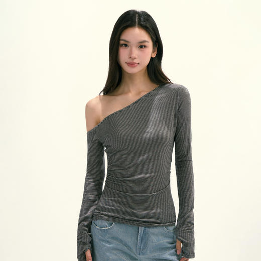 Ariseism美式复古设计感斜肩长袖T恤女秋季新款修身打底上衣 商品图0