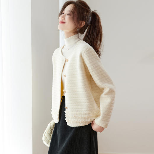 CC 2115小香风圆领韩版外套洋气蕾丝拼接上衣开衫 商品图2