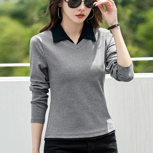 百媚生 棉质假两件撞色翻领长袖T恤YX9953 商品图0