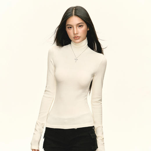 Ariseism 美式复古小高领烫钻长袖T恤女秋季新款修身打底上衣 商品图3