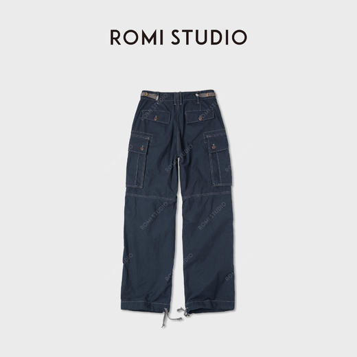 ROMISTUDIO“复古腔调”深蓝撞色明线大口袋工装休闲裤 RWCAXU5888 商品图3