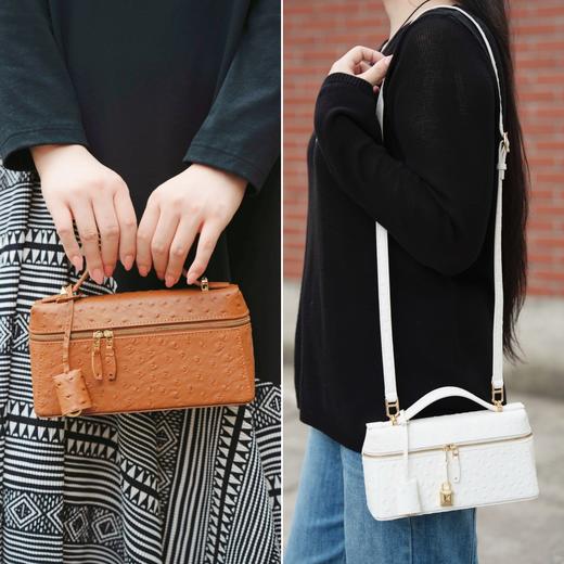 一周内发货！【头层牛皮 压鸵鸟皮纹理 包包】咖色&白色可选，可手拿、斜挎、单件~尺寸23-7-12cm，保留了真皮牛皮柔软细腻的质感，又复刻了那种立体饱满的鸵鸟皮纹理 商品图0