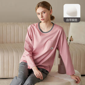 芬腾防凸点女士睡衣春秋季带胸垫纯棉长袖套装休闲加大码家居服