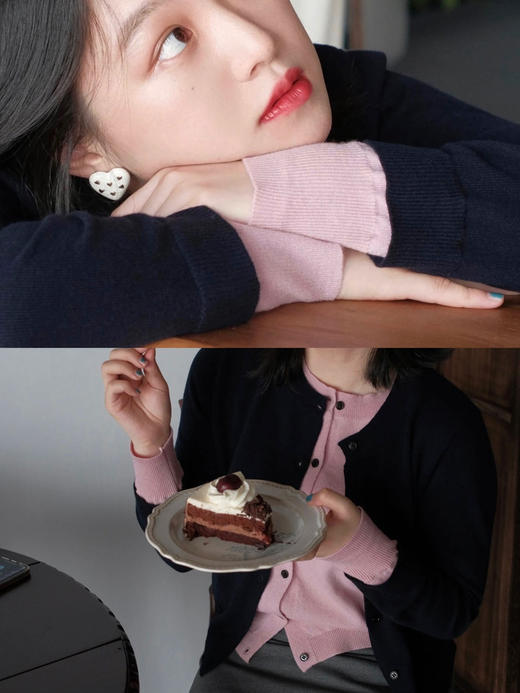 【百图lulu定制】【蔷薇针织衫】【全码预售10天发】假两件 藏蓝色叠粉色 羊毛长袖开衫 商品图7