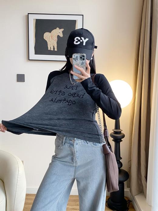 【一眼沦陷！】扎染植绒字母～黑灰插肩长袖T恤 商品图7