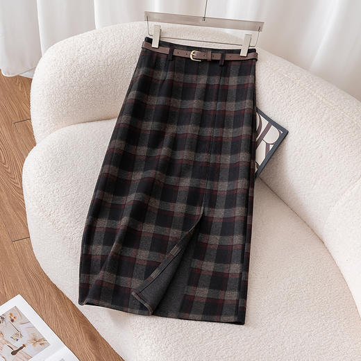 百媚生 格子一步裙半身裙女秋冬高腰显瘦毛呢中长款包臀裙子5650 商品图0