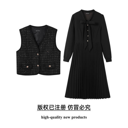 奢姿大码女装2025秋装新款胖妹妹轻奢休闲马甲百褶连衣裙套装9953994202AB 商品图0