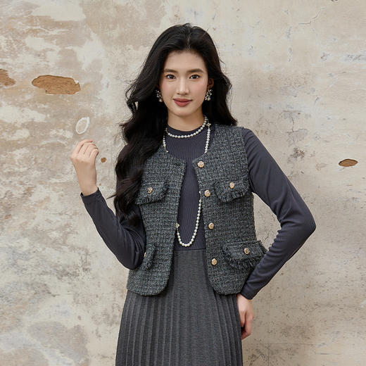 奢姿大码女装2025秋季时尚小香风粗花呢马甲胖妹妹气质减龄上衣9954394284A 商品图4