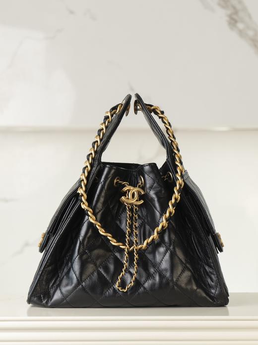 香奈儿 25Bag 25C 经典菱格皮穿链徽标Logo 牛皮材质金色五金 腋下包单肩包 抽绳水桶包 黑金🖤 小号（LZ） 商品图8