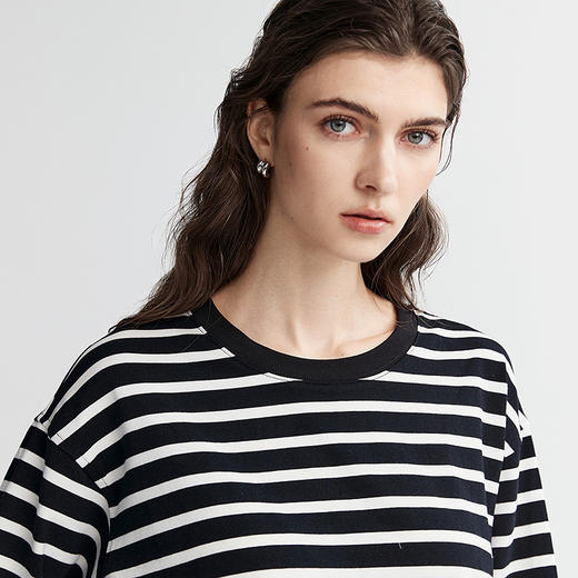 棉仓366601042-棉氨混纺撞色条纹长T恤 商品图3