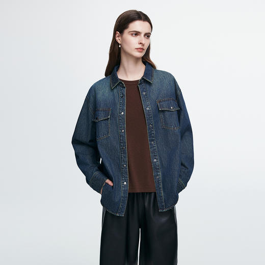 棉仓366604015-水洗软牛仔棉质长袖翻领口袋衬衫 商品图0