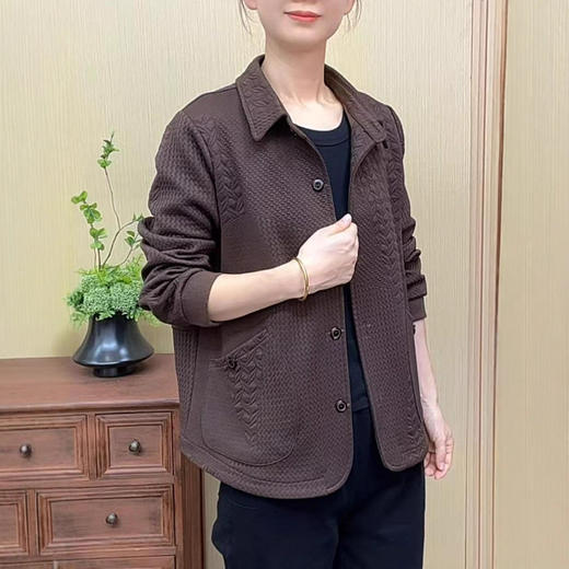 纯色翻领短外套休闲妈妈装E秋季新款立体提花宽松遮肚子长袖开衫 商品图4
