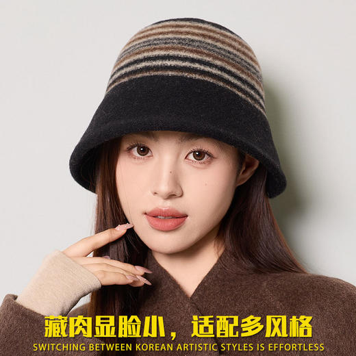 雀说 羊毛条纹水桶帽子女秋冬显脸小优雅百搭盆帽M3796 商品图2