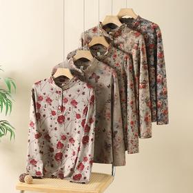 秋冬装新款印花立领套头打底衫上衣民族风时尚长袖妈妈T恤老太太