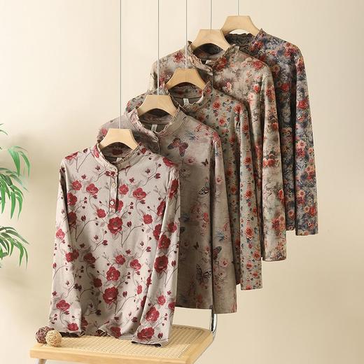 秋冬装新款印花立领套头打底衫上衣民族风时尚长袖妈妈T恤老太太 商品图0