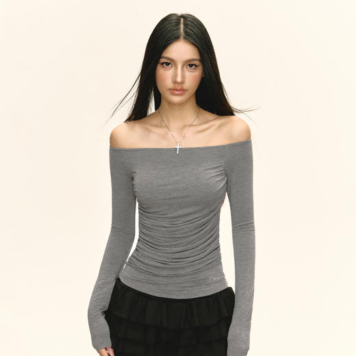 Ariseism美式复古设计感斜肩长袖T恤女秋季新款修身打底上衣 商品图1