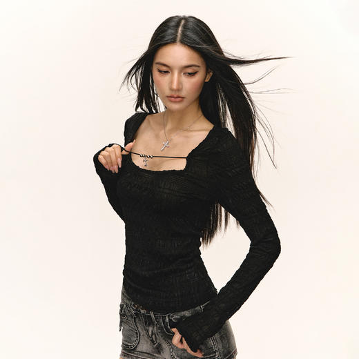 Ariseism美式复古设计感长袖T恤女秋季新款修身打底上衣 商品图2