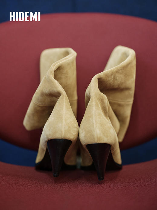 HIDEMI 进口头层牛皮麂皮切尔西锥形跟尖头堆堆靴长靴骑士靴 商品图2